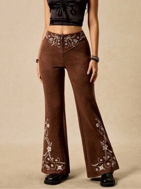 Brown Embroidered Flared Suede Pants - NBW